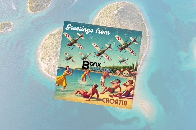 CROATIA 3 Kamikaze komarci – vintage dizajn s avionima u obliku komaraca iznad sunčanog hrvatskog primorja, nostalgična razglednica i zidna dekoracija za ljubitelje putovanja