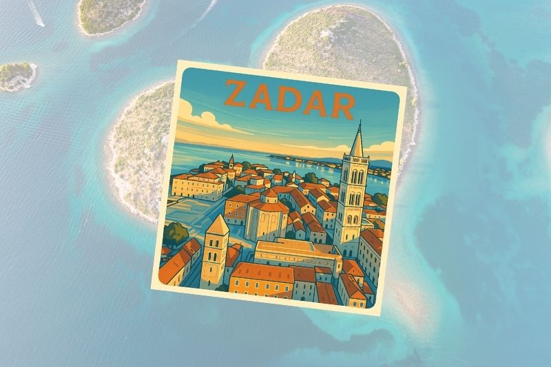 Magnet-suvenir s grafičkim prikazom panorame zadarskog starega grada, zvonikom, obalom Jadranskog mora i otočićima u daljini