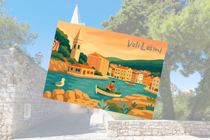 Magnet-suvenir s ilustracijom luke Veli Lošinj na otoku Lošinju pri zalasku sunca, s crkvom, ribarom u čamcu i galebom na stijeni – idealno za turiste