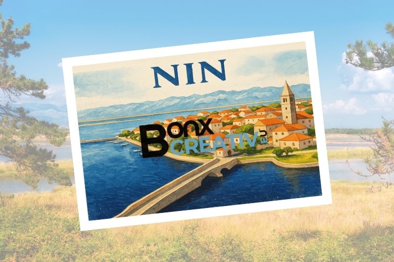 NIN 1 Vintage razglednica Ninska stara jezgra Hrvatska s panoramom grada, pješačkim mostom i Jadranskom plažom